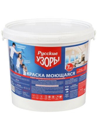 Краска водно-дисперсионная, Русские узоры, полиакриловая, универсальная, моющаяся, влагостойкая, матовая, 7 кг