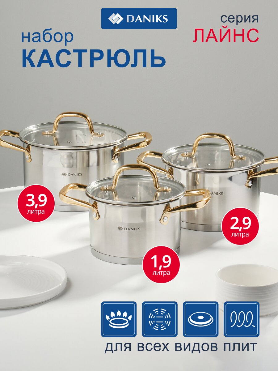 Набор посуды нержавеющая сталь, 6 предметов, индукция, Daniks, Лайнс, SD-072-6