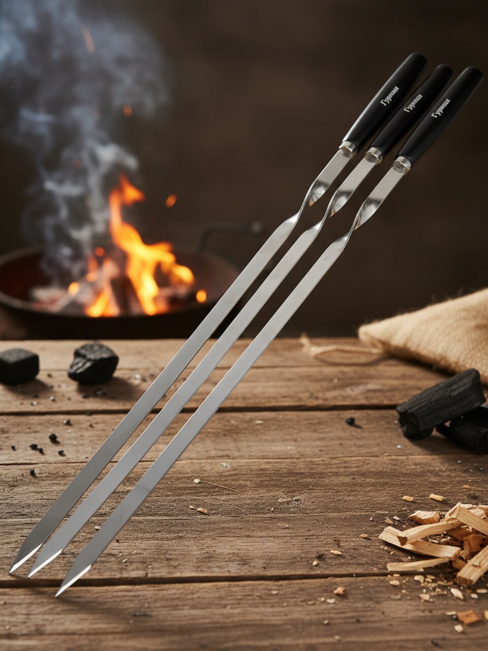 Набор шампуров 6 шт, 550х11х1.8 мм, рукоятка дерево, Гурман, хром, блистер, WL2022915