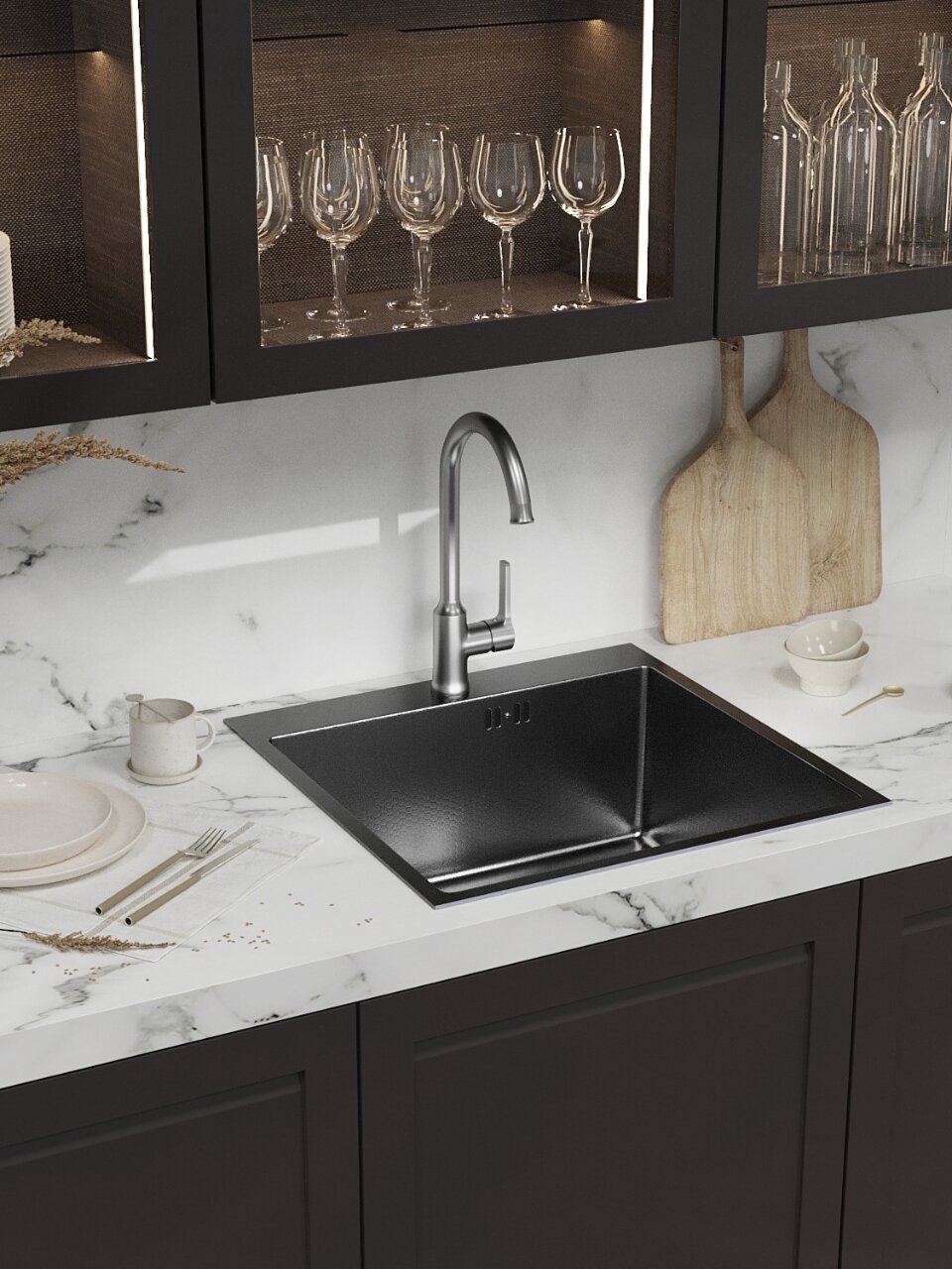 Мойка кухонная врезная, Mixline, Pro, нержавеющая сталь, 500х500х200 мм, 3 мм, выпуск 3 1/2, с сифоном, Нано декор, черный графит