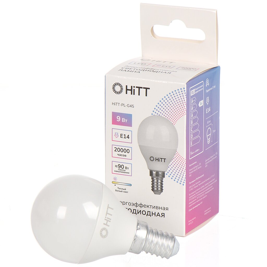 Лампа светодиодная E14, 9 Вт, 90 Вт, 230 В, шар, 3000 К, свет теплый белый, HiTT, HiTT-PL-G45 светодиодная лампа hitt pl a60 22 230 e27 3000