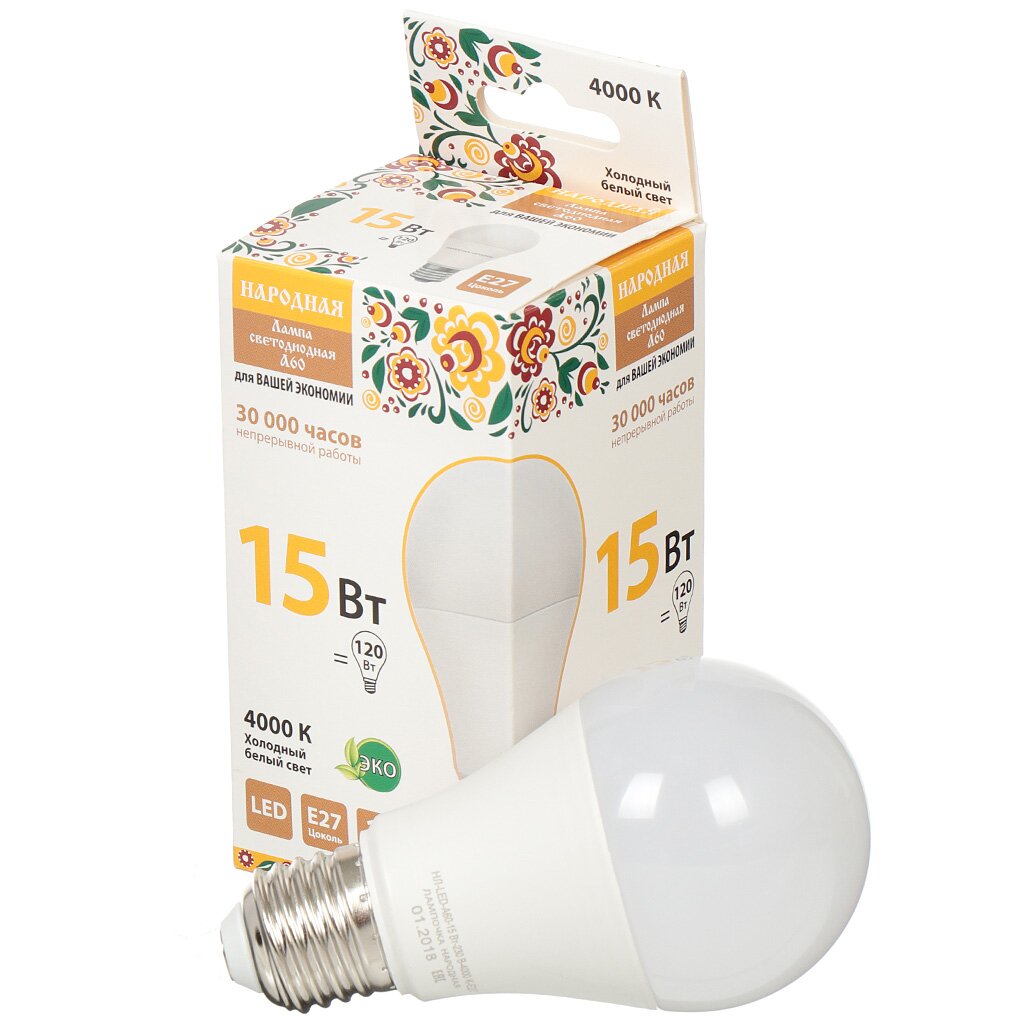 Лампа светодиодная E27, 15 Вт, 120 Вт, груша, 4000 К, свет холодный белый, TDM Electric, Народная