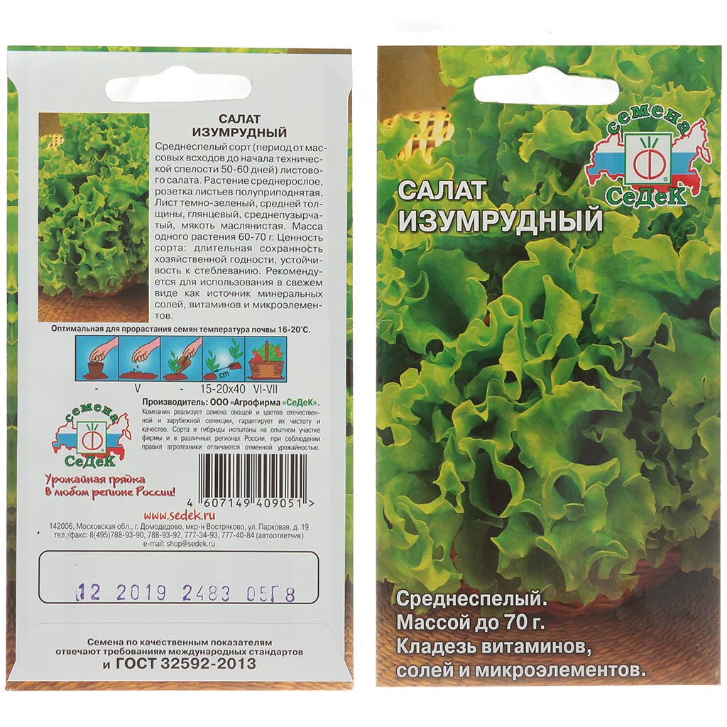 Семена Салат листовой, Изумрудный, 0.5 г, цветная упаковка, Седек семена салат листовой русич 1 г ная упаковка поиск