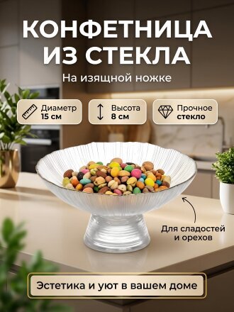 Конфетница стекло, на ножке, 15х8 см, A050018, прозрачная
