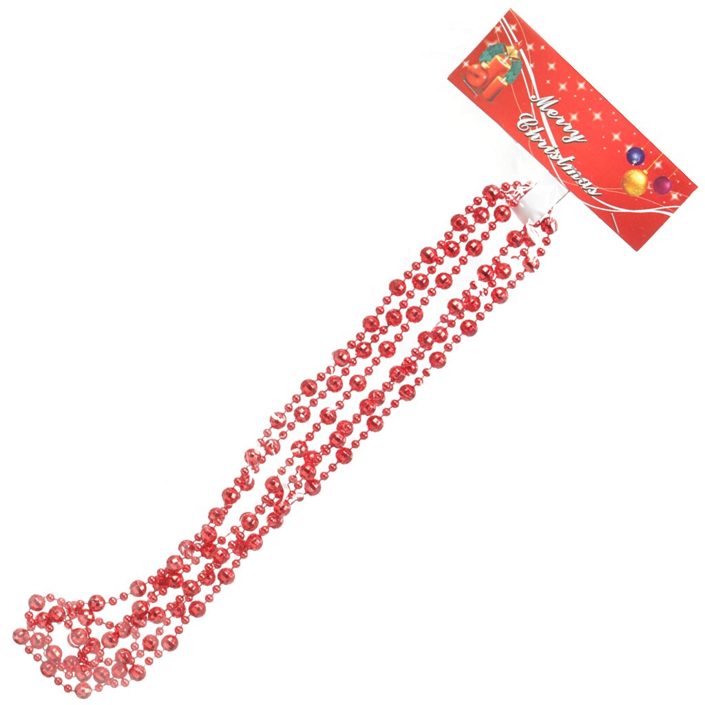 Бусы новогодние пластик, 200 см, круглые, красные, Merry christmas, SY16-104