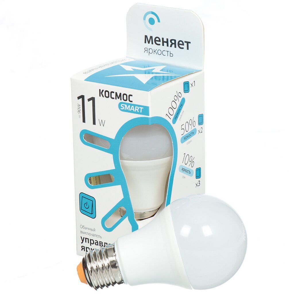 Лампа светодиодная E27, 11 Вт, 90 Вт, груша, 4500 К, нейтральный белый свет, Космос, Smart, LksmLEDSD11wA60E2744