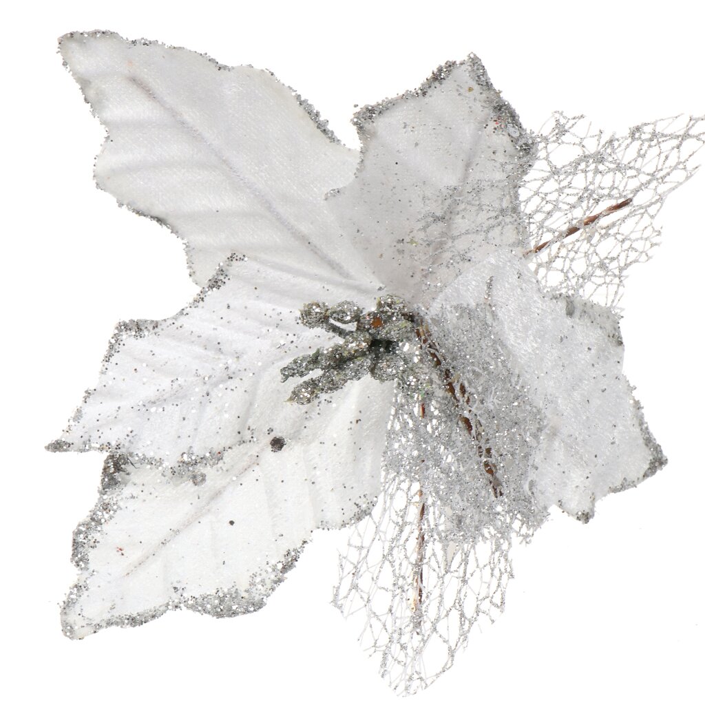 Цветок искусственный декоративный 16 см, на прищепке, серебро, Пуансеттия, Y4-4169 рождественская елка украшения рождество моделирование цветок xmas орнамент 5pcs