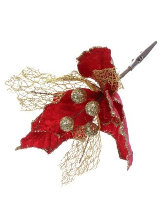 Цветок искусственный декоративный 16 см, на прищепке, красно-золотой, Пуансеттия, Y4-4171