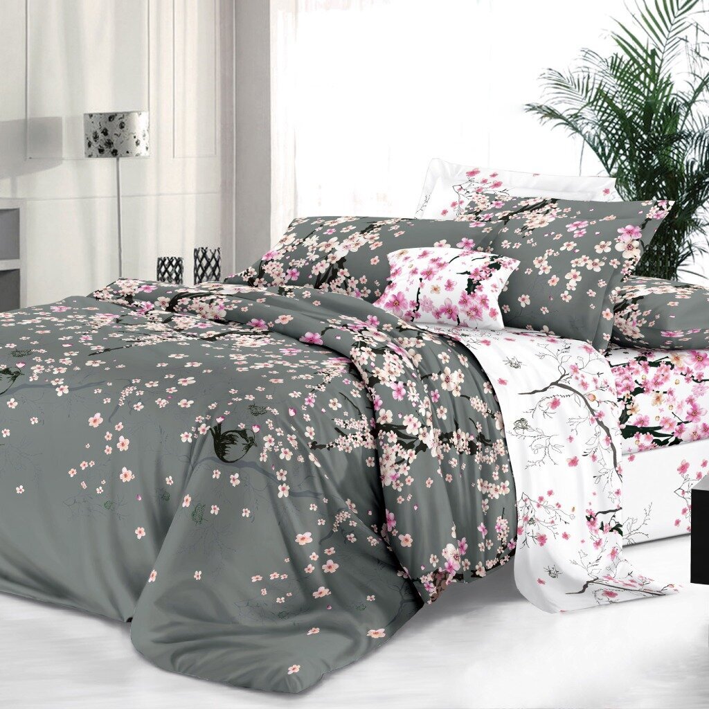 Постельное белье евро, простыня 215х240 см, 2 наволочки 70х70 см, пододеяльник 200х215 см, Butterfly, сатин, Туманное утро