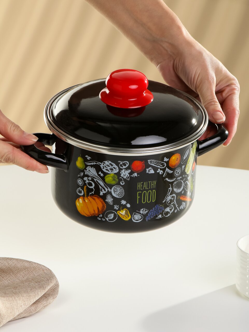 Кастрюля эмалированная сталь, 2 л, крышка сталь, цилиндрическая, Appetite, Healthy food, 1RD161M, индукция