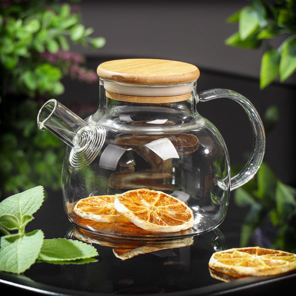 Чайник заварочный стекло, 0.6 л, с ситечком, с деревянной крышкой, Y4-6132 чайник заварочный стекло 1 25 л atmosphere tea time at k2727