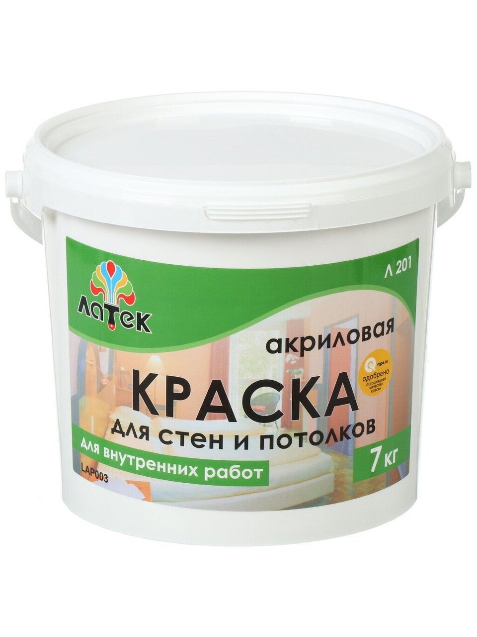 Краска водно-дисперсионная, Оптимист, Латек Л201, акриловая, для стен и потолков, 7 кг
