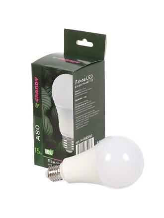 Лампочка светодиодная для растений, E27, 15 Вт, 220 В, IP40, A80, 80х153 мм, Grandy, FITO, AI-2605003