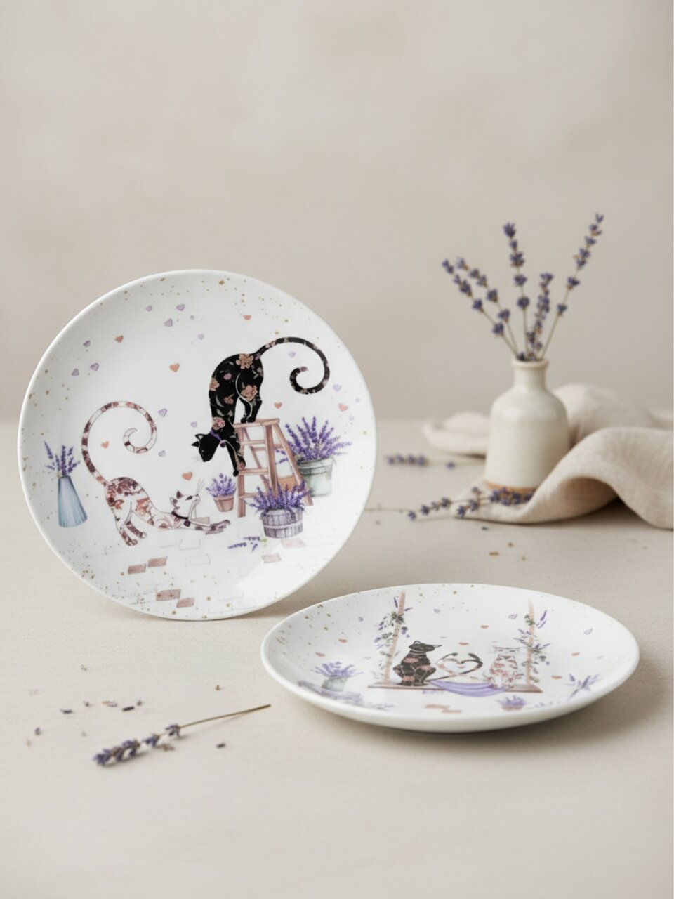 Набор тарелок закусочный, фарфор, 2 шт, 20.5 см, круглый, Лавандовые коты, Lefard, 425-167