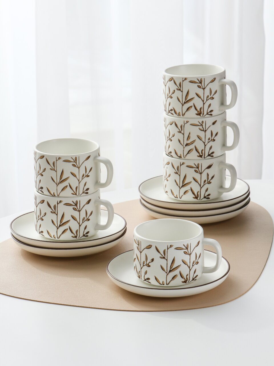 Набор чайный керамика, 12 предметов, на 6 персон, 220 мл, молочный, Веточки, B060505