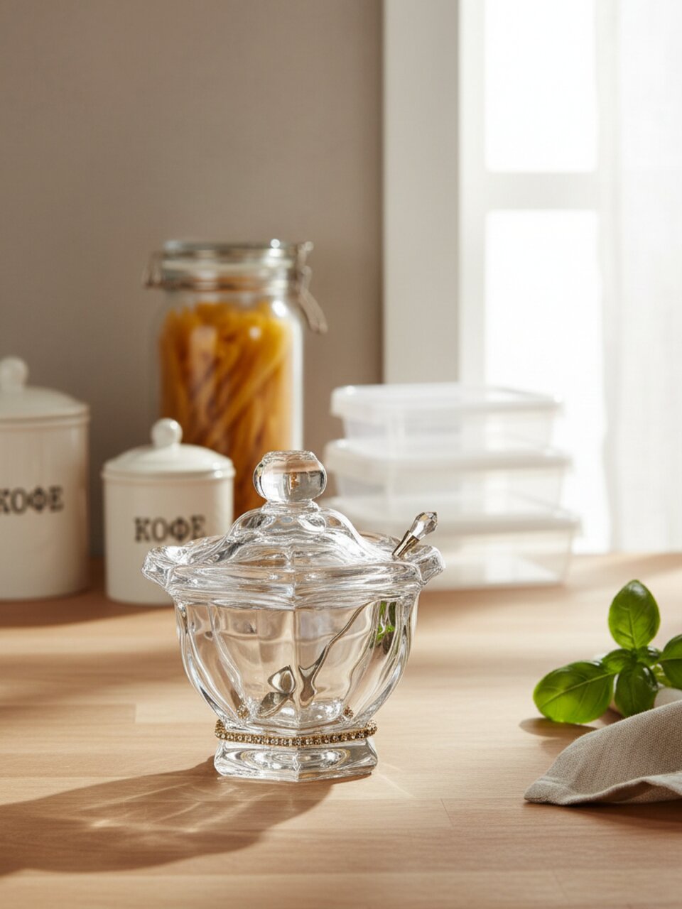 Банка для меда, стекло, 0.25 л, 12.5х12.5х14 см, с крышкой, с ложкой, Lefard, Рублевка, 355-096