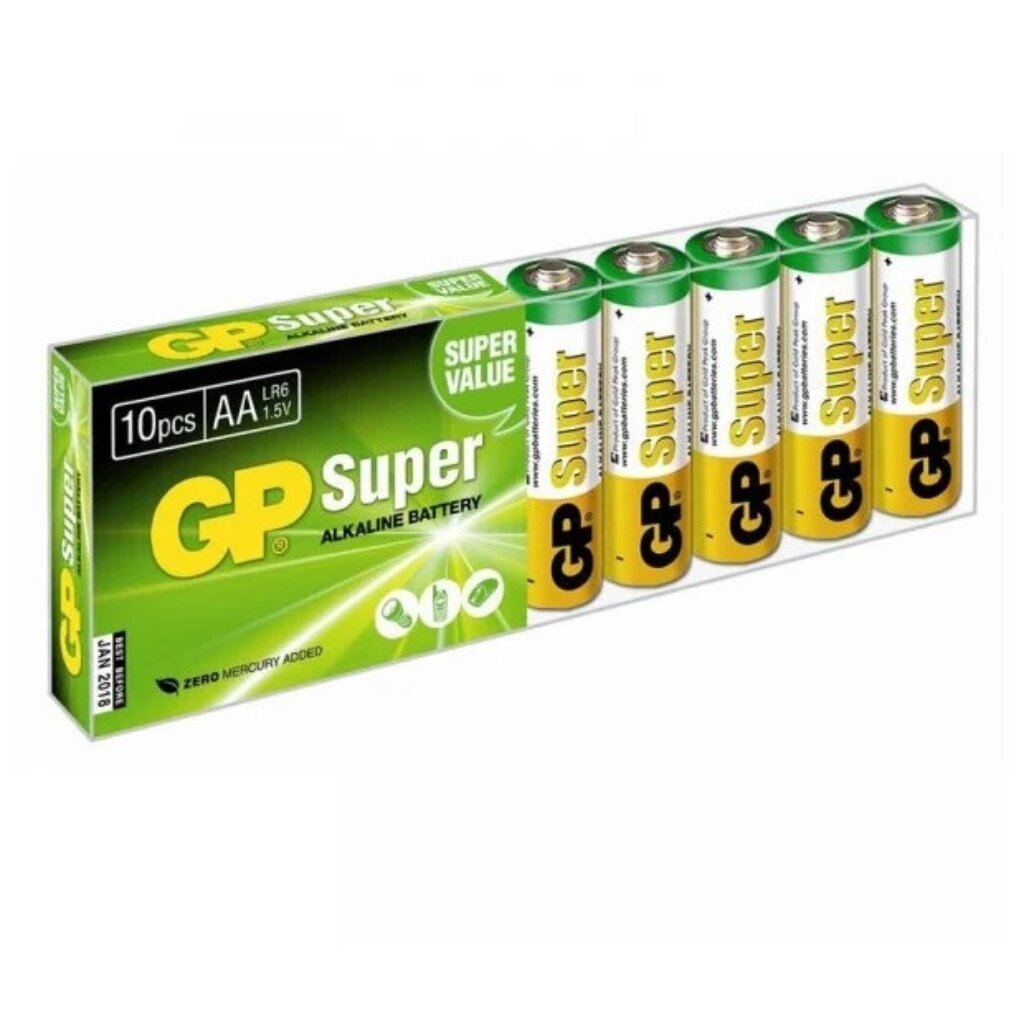 Батарейка GP, АА (LR6, 15A), Alkaline Super, щелочная, 1.5 В, блистер, 10 шт, 2724