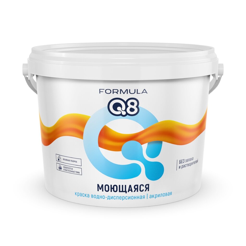 Краска воднодисперсионная, Formula Q8, акриловая, универсальная, моющаяся, влагостойкая, матовая, белоснежная, 3 кг