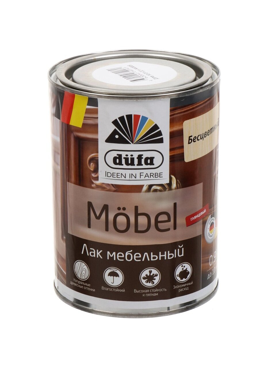 Лак Dufa, Mobel, МП00-005495, мебельный, глянцевый, бесцветный, для внутренних работ, 0.9 л