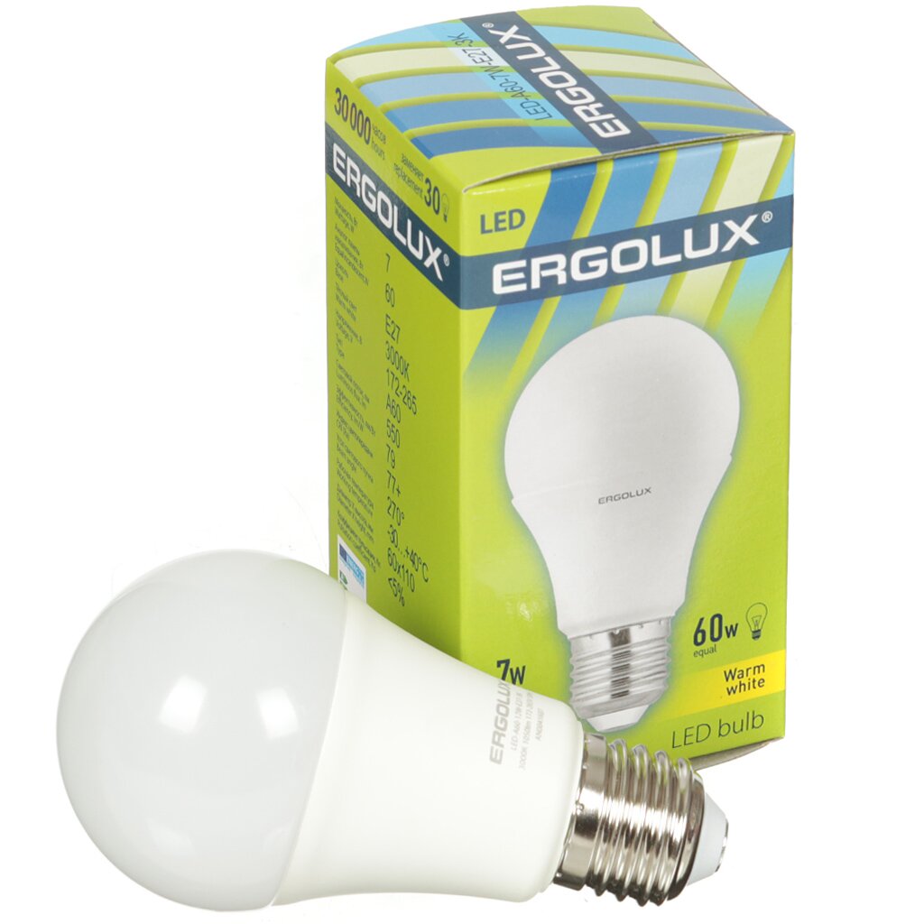 Лампа светодиодная E27, 7 Вт, 60 Вт, груша, 3000 К, свет теплый белый, Ergolux