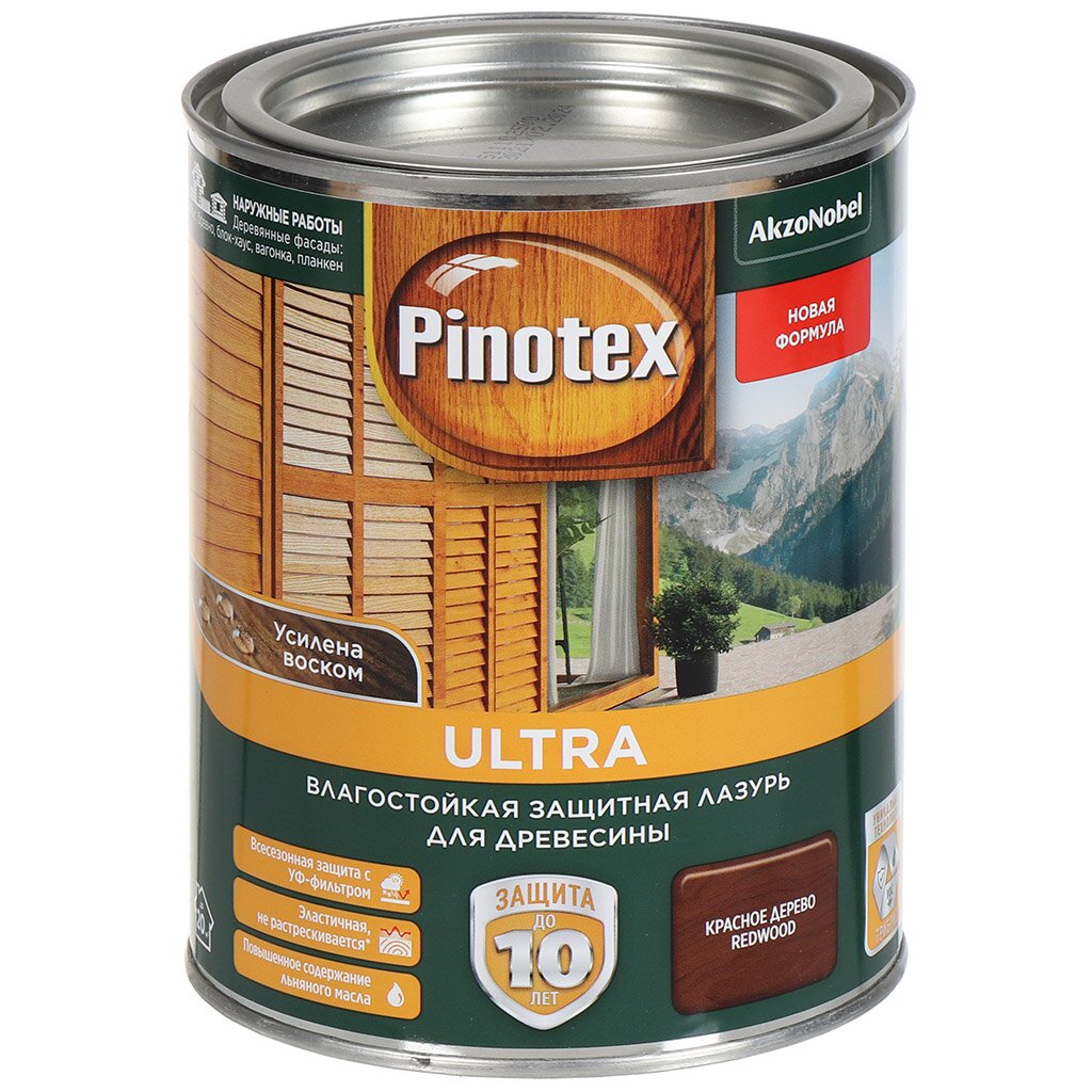 Пропитка Pinotex, Ultra, для дерева, защитно-влагостойкая, красное дерево, 1 л