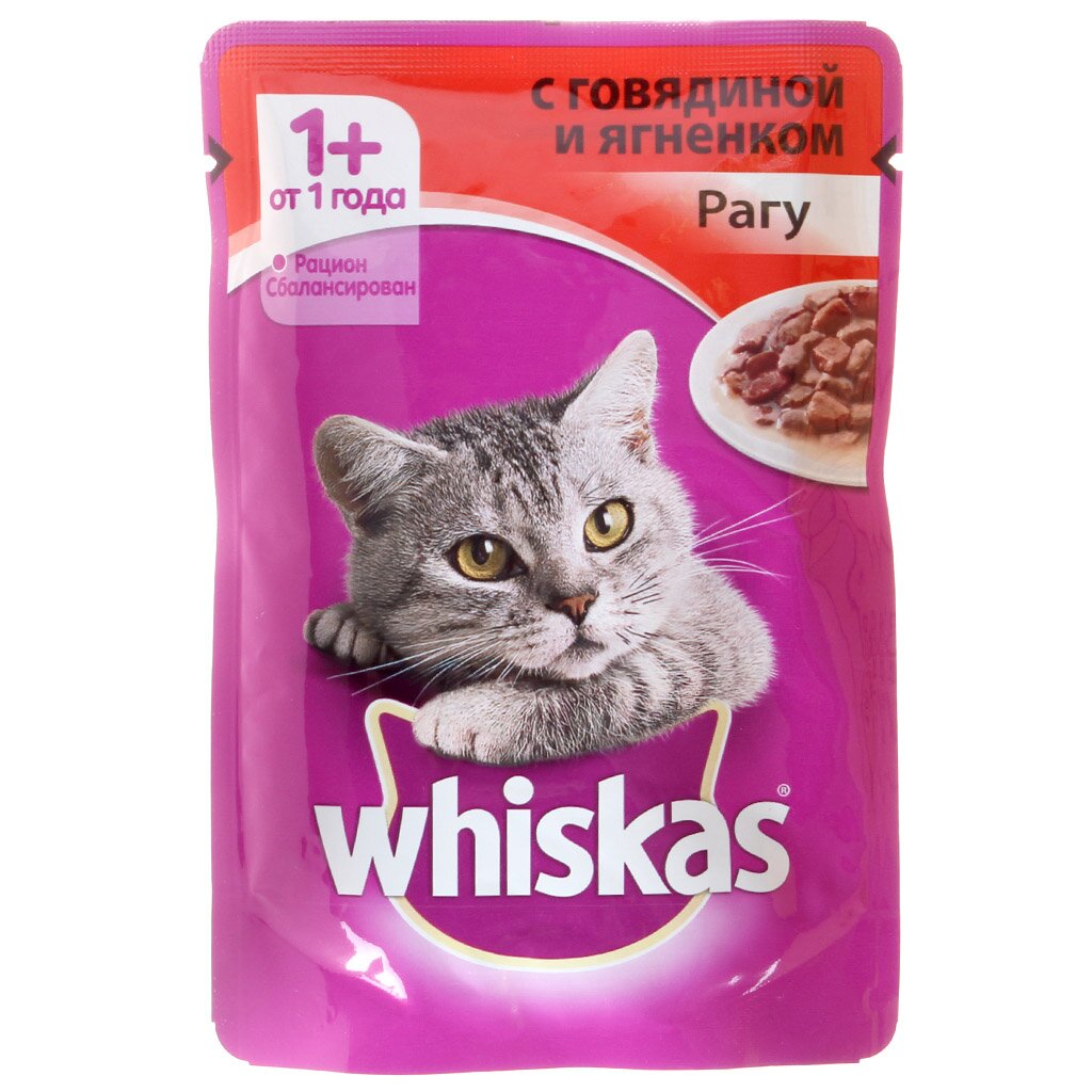 Корм для животных Whiskas, 85 г, для взрослых кошек, рагу, говядина/ягнятина, пауч, 47106/7725