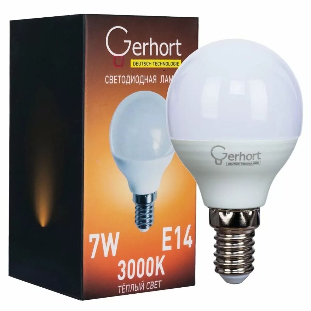 Лампа светодиодная E14, 7 Вт, шар, 3000 К, теплый белый свет, Gerhort, Лампа, 7W GERHORT G45 LED 3000K E14