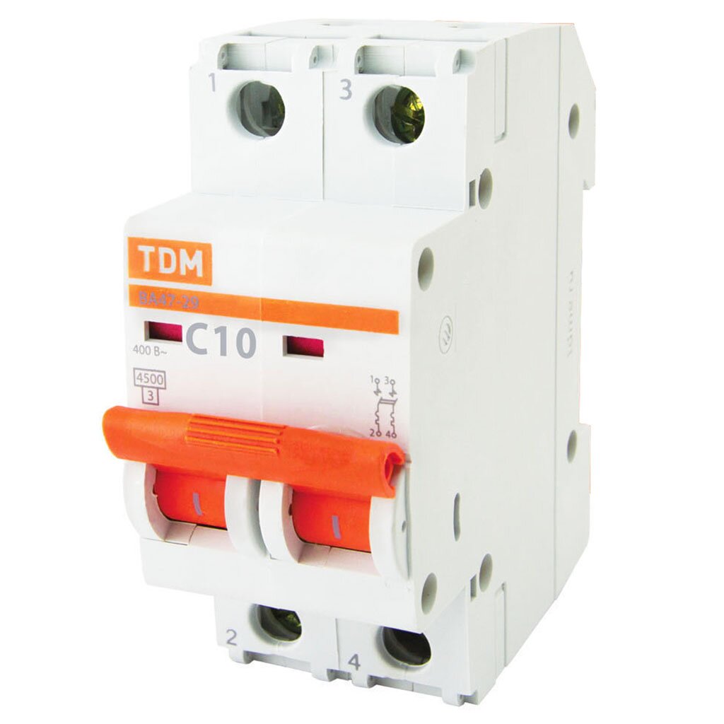 Автоматический выключатель TDM Electric, ВА47-29, 2 полюса, 10, 4.5 кА, С, SQ0206-0091 дифференциальный автоматический выключатель tdm electric ад12 3 полюса 16 с 30 ма sq0204 0106