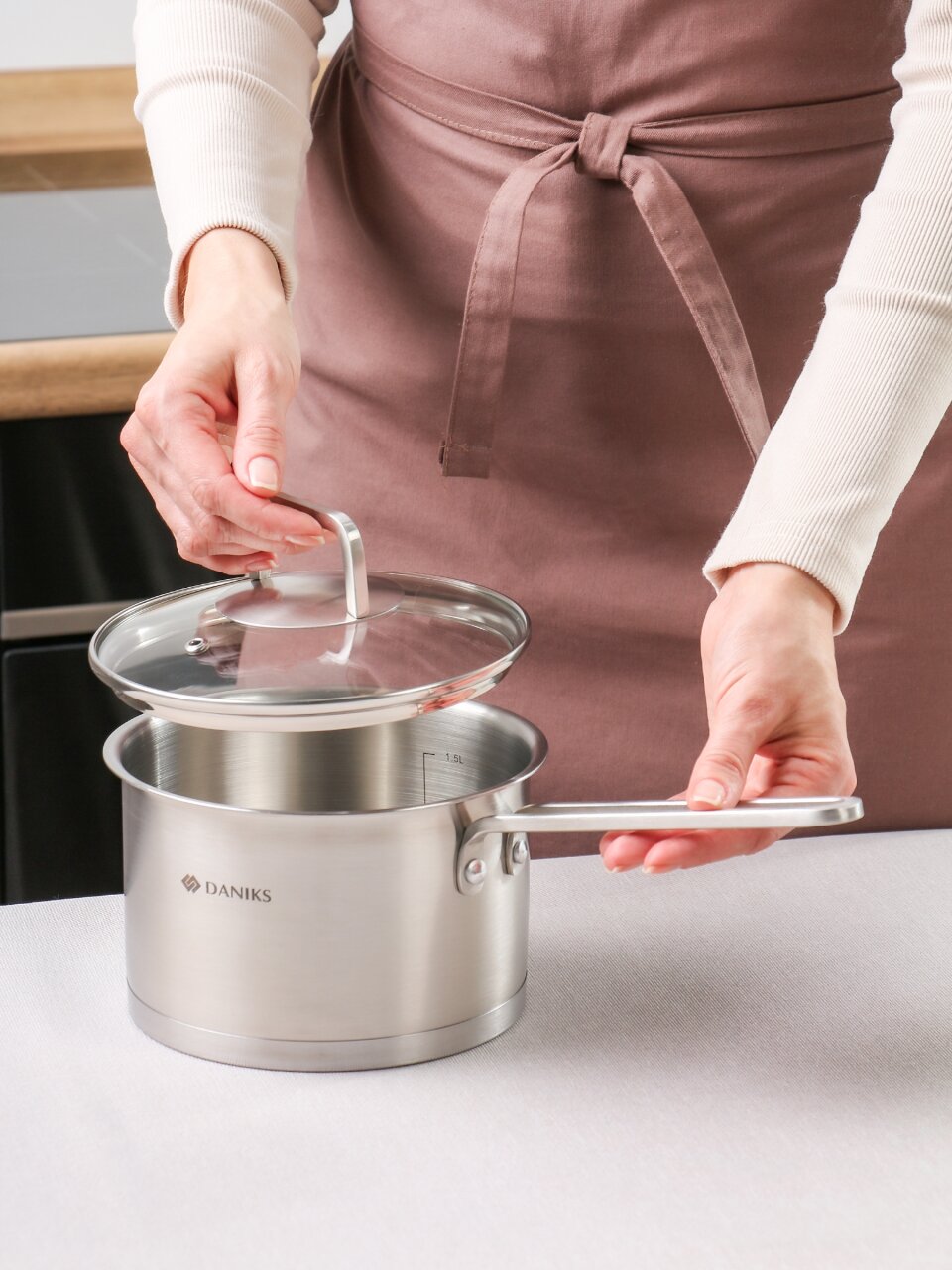 Ковш нерж, 1.9 л, крыш стекло, металл ручка, индукц, Daniks, Ирати, SD-01369-16S