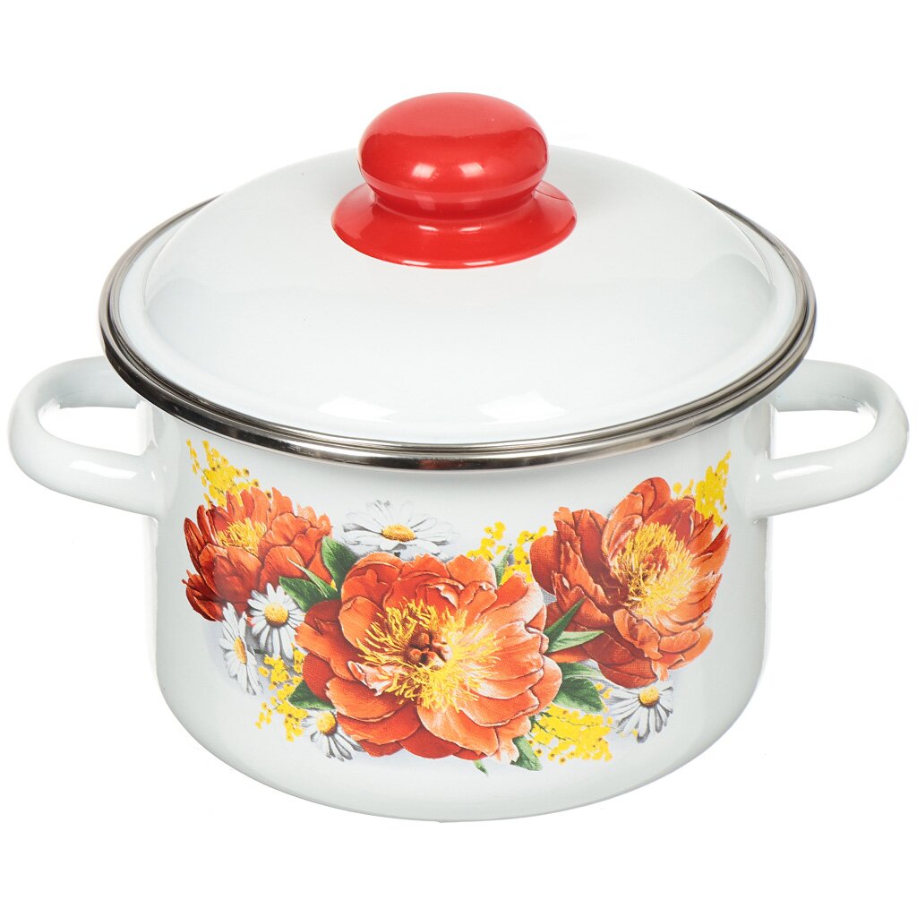 Кастрюля эмалированная сталь, 2 л, крышка сталь, цилиндрическая, СтальЭмаль, Пионы, 1RD161M, белоснежная, индукция
