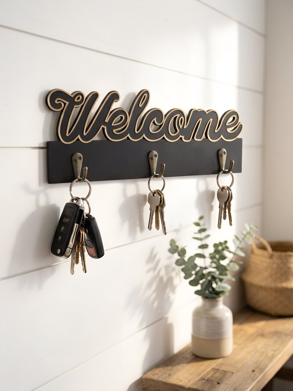 Ключница Welcome, 29.5х10.5 см, МДФ, 3 крючка, на декоративном панно, A200144, черная