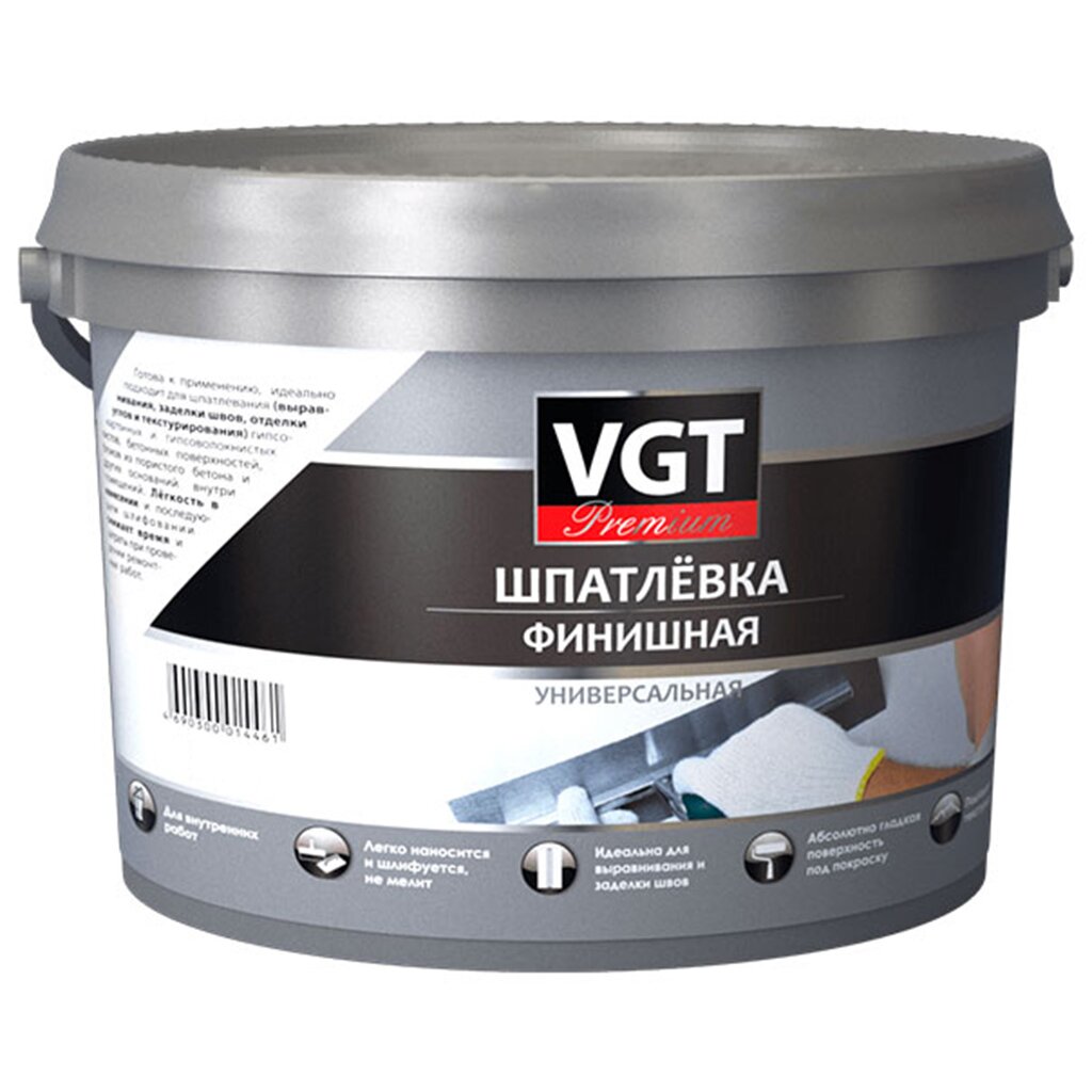 Шпатлевка VGT, Premium, акриловая, финишная, 16 кг шпатлевка замазка для заделки швов по монтажной пене prosept