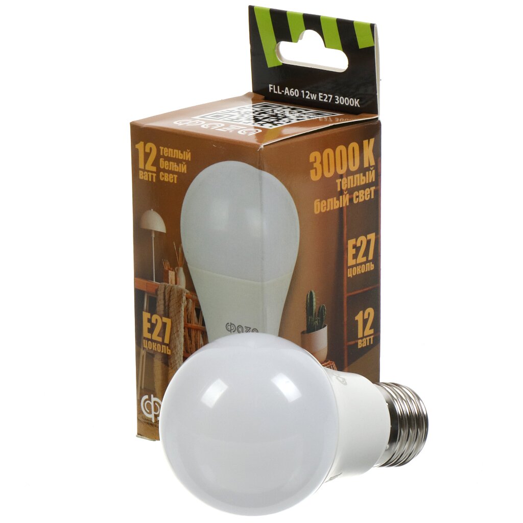 Лампа светодиодная E27, 12 Вт, 230 В, 3000 К, свет теплый белый, ФАZА, FLL- A60