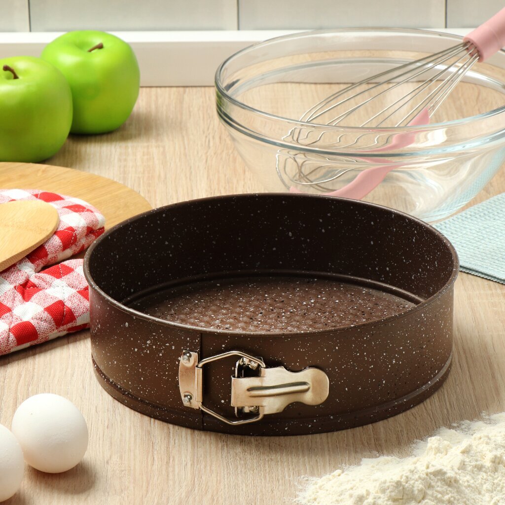 Форма для запекания сталь, 24х24х6.8 см, антипригарное покрытие, круглая, разъемная, коричневый мрамор, Daniks, Family, K-803-BrMC