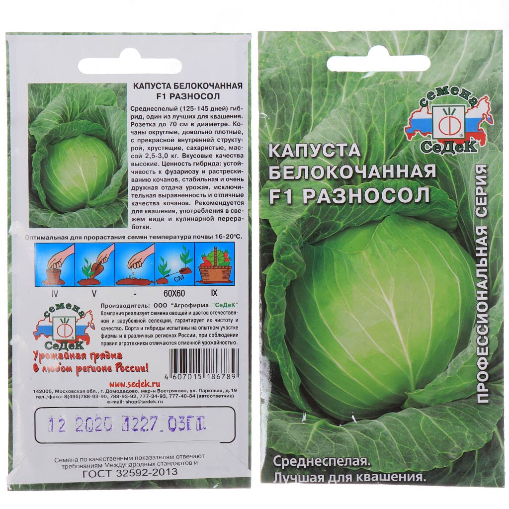 Семена Капуста белокочанная, Разносол F1, 0.3 г, цветная упаковка, Седек
