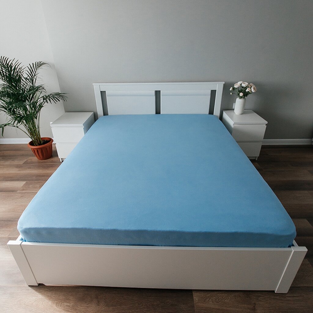 Простыня 1.5-спальная, 140 х 200 см, 100% хлопок, трикотаж, кулирка, голубая, на резинке