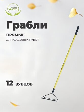 Грабли прямые, 12 зуб, металл, 32 см, Инструм-Агро, садовые, черенок металлический, 030219