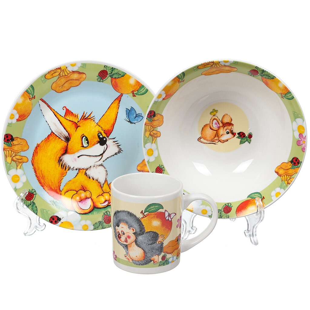Набор детской посуды из керамики Лисички MFK04013, 3 предмета (кружка 240 мл, тарелка 190 мм, салатник 180 мм)