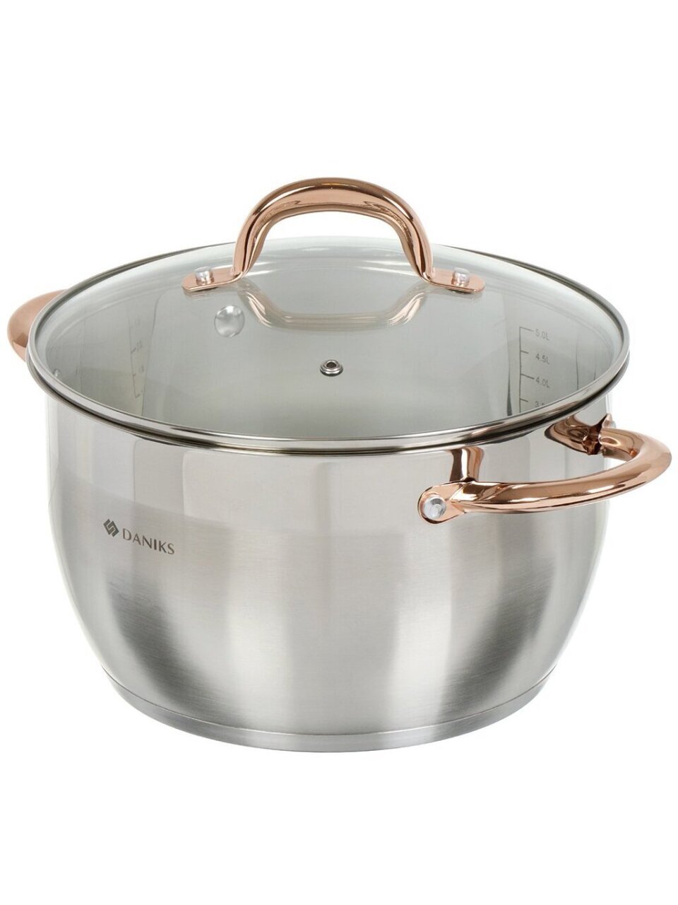 Кастрюля нержавеющая сталь, 5.9 л, крышка стекло, Daniks, Мадрид Голд, SD-324G, индукция