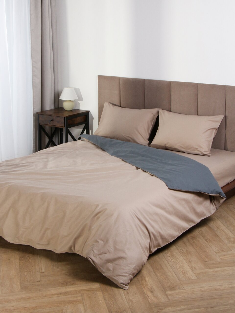 Пододеяльник 1.5-спальный, 145 х 215 см, 100% хлопок, поплин, темно-серый/бежевый, Silvano