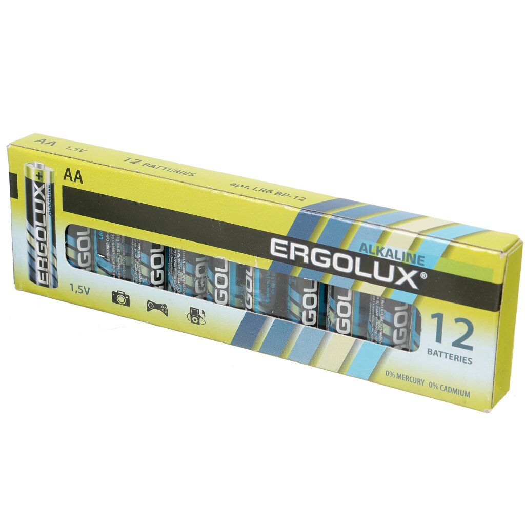 Батарейка Ergolux, АА (LR6, 15A), Alkaline, щелочная, 1.5 В, коробка, 12 шт, 11749