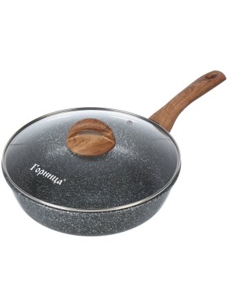 Сковорода литой алюминий, 26 см, антипригарное покрытие, Горница, Гармония Мрамор, с крышкой, с2652мр