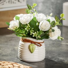 Цветок искусственный декоративный Букет роз, в кашпо, 16 см, белый, Y6-2056