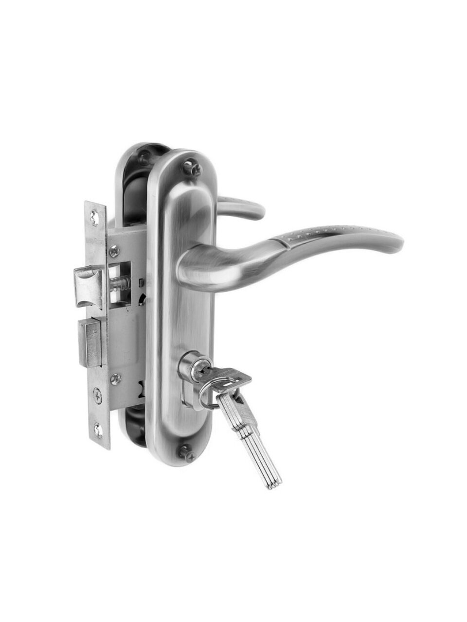 Замок врезной Vrata, 50/106-ЦМ70, 210301, ручка в комплекте, цилиндровый, универсальный, защелка, хром