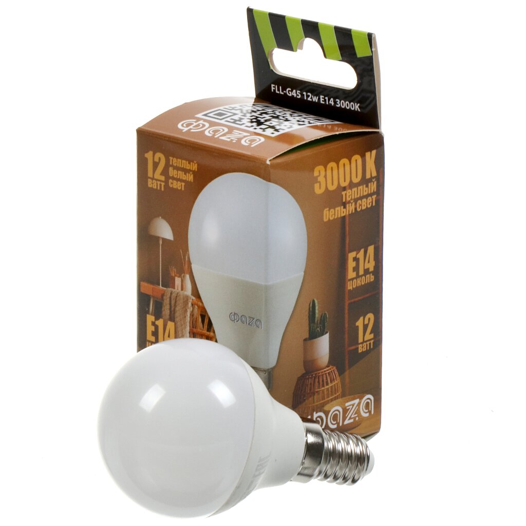 Лампа светодиодная E14, 12 Вт, 230 В, 3000 К, свет теплый белый, ФАZА, FLL- G45 лампа светодиодная e27 10 вт 80 вт 220 в шар 3000 к свет теплый белый ergolux