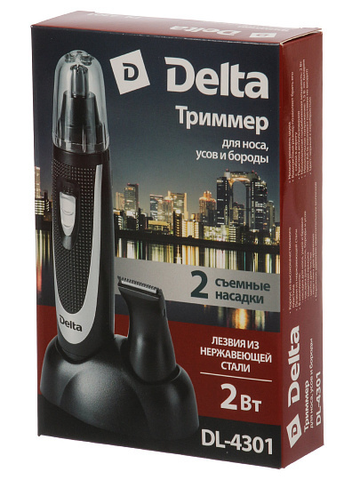 Триммер для стрижки, Delta, DL-4301, аккумуляторный, 2 Вт, черный с серебром, на подставке, 2 насадки
