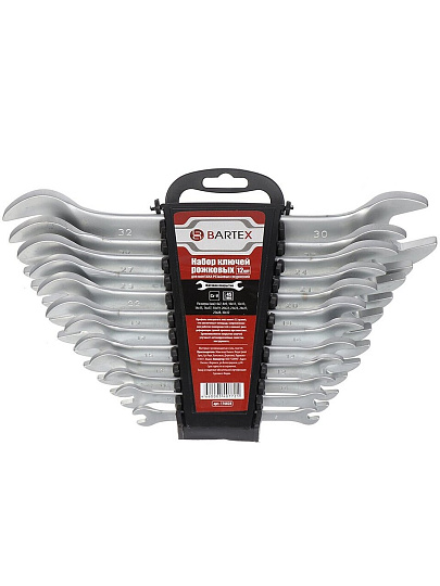 Набор ключей рожковый, 12 предметов, Bartex, 6-32 мм, матовый, CrV сталь, держатель