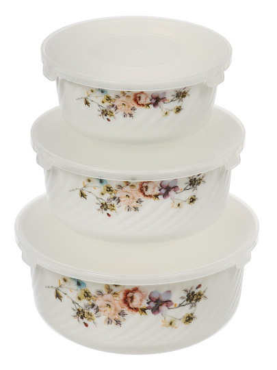 Салатник стеклокерамика, круглый, 3 шт, 9 см, 19, 16, 14 см, 0.5,0.8,1.4 л, с крышкой, Эмилия, Daniks