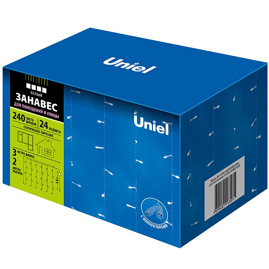 Гирлянда 240 ламп, 3х2 м, 1 режим, Занавес, Uniel, свет белый, прозрачная, на улице/в помещении, сетевая, LED, UL-00007213