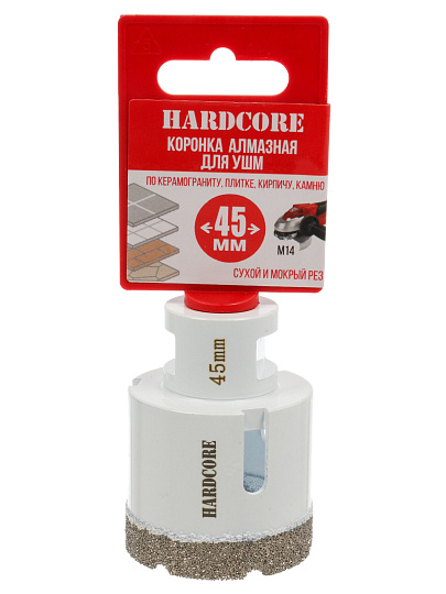 Коронка алмазная, по керамограниту, Hardcore, М14, диаметр 45 мм, для УШМ, 155045